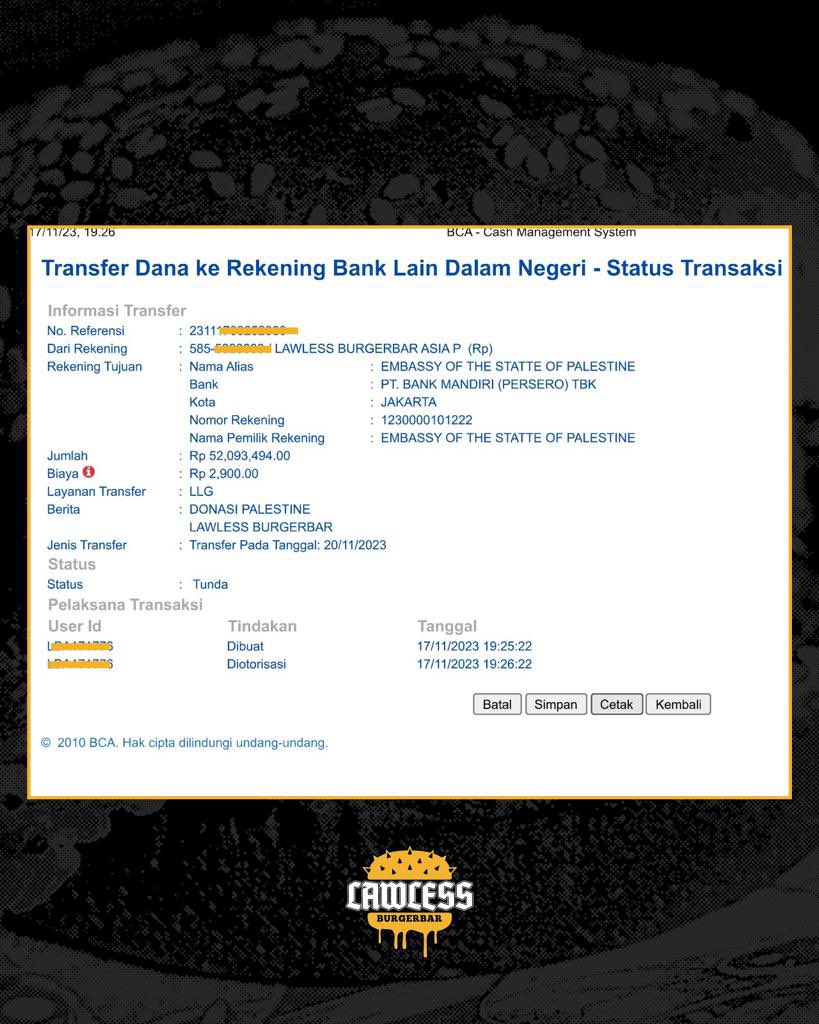 hasil penjualan 2283 buah Bakken Burger di Lawless Burgerbar 4-12 Nov 2023 sudah kami donasikan kepada Kedutaan Palestina. 

terima kasih u/ semua yang turut berpartisipasi dalam kampanye ini, tetap bicarakan Palestina kemana-mana. 

hentikan genosida, hentikan apartheid. 🇵🇸