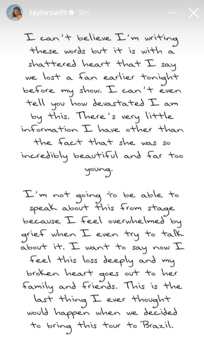 SwiftNYC's tweet photo. 📲 Taylor Swift via IG Story statement regarding the fan who passed away tonight at The Eras Tour in Rio, Brazil Night 1 ❤️

“I feel this loss deeply and my broken heart goes out to her family and friends. This is the last thing I ever thought would happen…” https://t.co/BvCuDPAqb8
