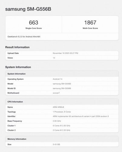 TheyLiveYouDoze's tweet photo. ✅ Samsung's rugged smartphone series Galaxy XCover 7 appears on Geekbench site! 

The device is listed as Samsung SM-G556B

☑️ Specifications: 
- MediaTek Dimensity 6100+
- 6GB RAM
- OneUI based on Andriod 14 out of the box

#Samsung #rugged #XCover7 https://t.co/xEIKpHfjal