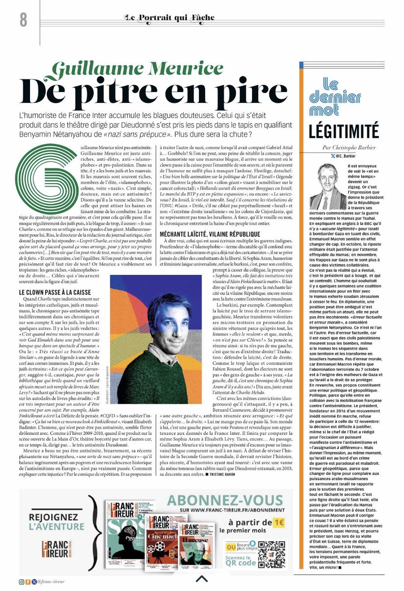 Très bon article de <a href="/BanonTristane/">Tristane Banon</a> sur <a href="/GMeurice/">GMeurice</a> . Comme l’a noté Bergson, le rire c’est du mécanique plaqué sur du vivant. <a href="/GMeurice/">GMeurice</a> , c’est du mécanique plaqué sur du mécanique, et c’est pour ça qu’il ne fait pas rire, mais ricaner, contrairement au grand Desproges.