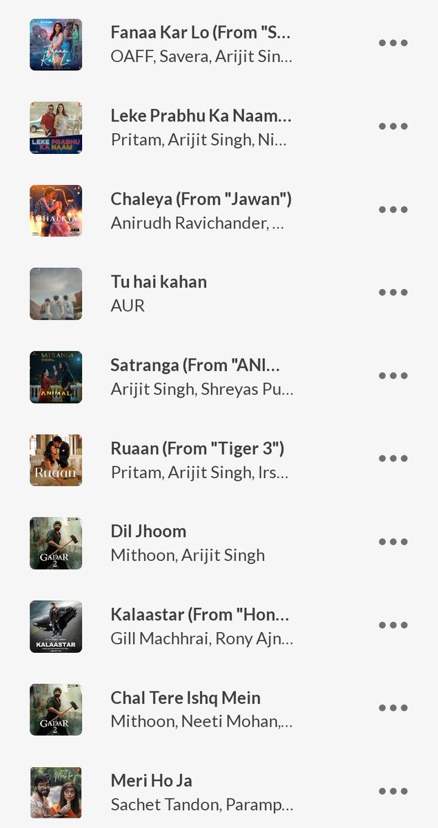 #JioSaavn Weekly top songs 🎶

1 #FannaKarLo
2 #LekePrabhuKaNaam
3 #Chaleya 
5 #Satranga
6 #Ruaan
7 #DilJhoom
9 #ChalTereIshqMein

6 songs in top 10 💥 Once again that man #ArijitSingh ❤️