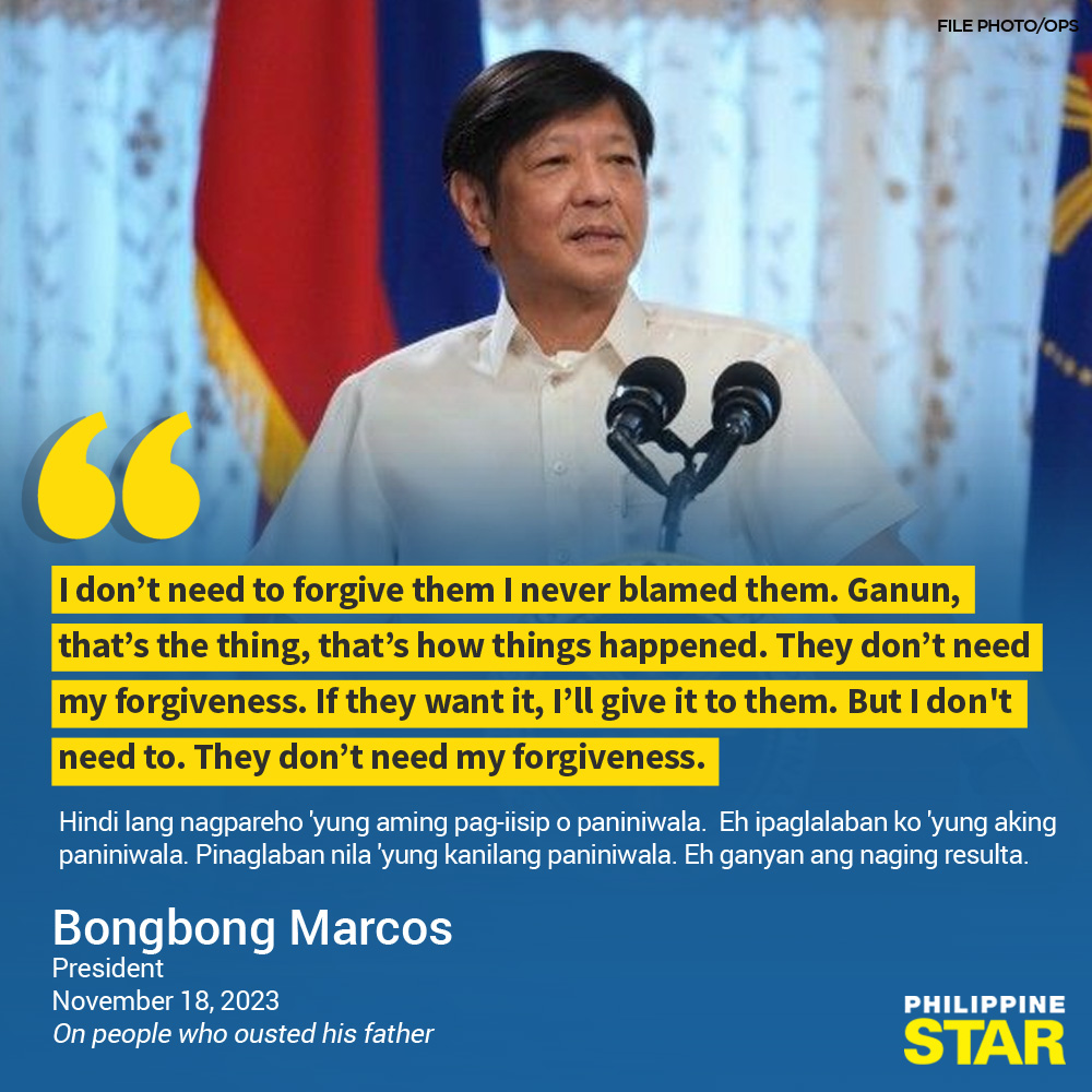 PhilippineStar's tweet photo. ‘THEY DON’T NEED MY FORGIVENESS’

President Ferdinand “Bongbong” Marcos Jr. expressed that the people who ousted his father, Ferdinand Marcos Sr., don’t need his forgiveness as he commemorates the anniversary of his father’s burial in the Libingan ng mga Bayani (LNMB). https://t.co/RTFR722mFx