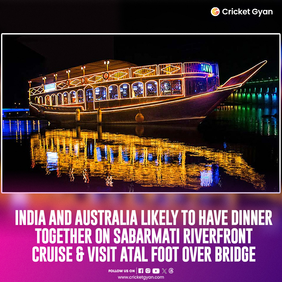 cricketgyann's tweet photo. A little bonding time before the biggest encounter in the ICC Men's Cricket World Cup final!

(Ahmedabad Live)

#ICCmenscricketworldcup #CWC2023 #littlebonding #teamdinner #worldcupfinal #sabarmatiriver #atalfootoverbridge #INDvsAUS #ahmedabad #cricketgyan https://t.co/TeiiP99sr2