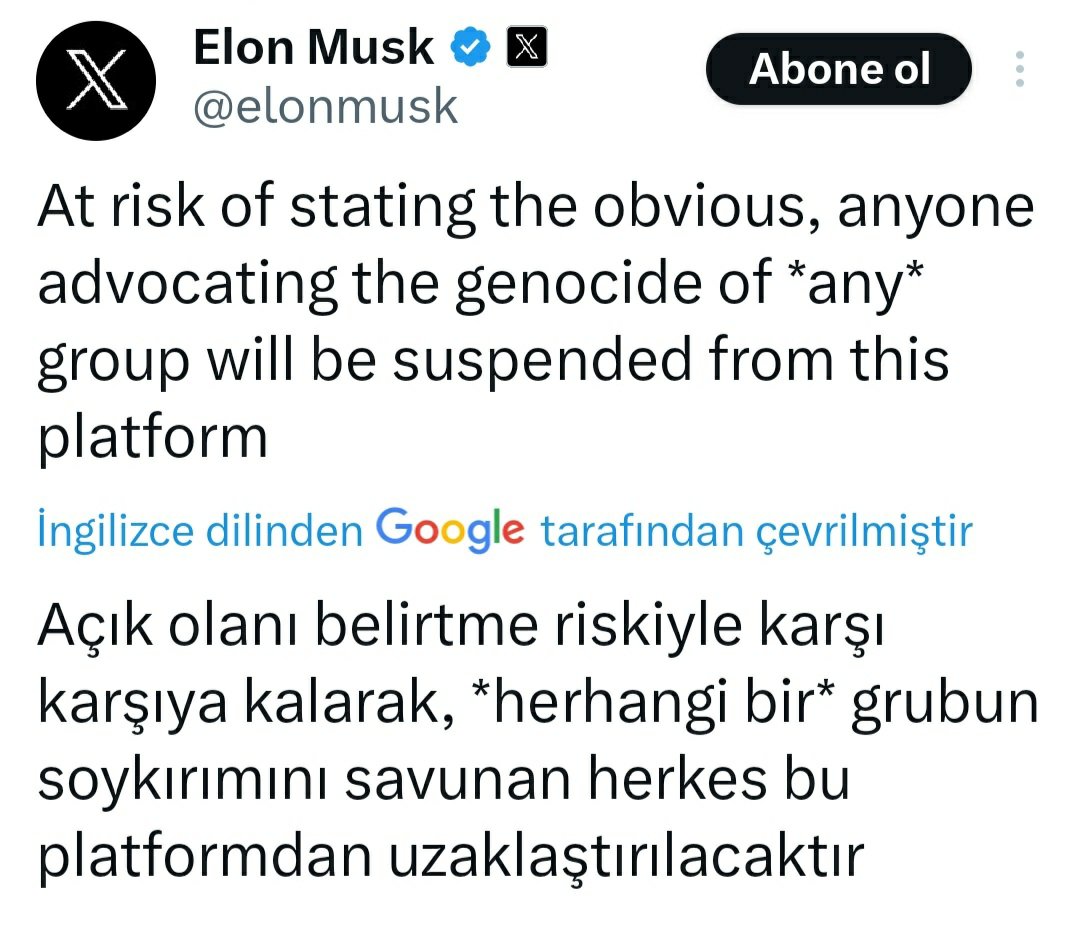 📍Elon Musk Dünyaya rest çekti..

İsrail'in soykırımını savunan herkesin hesabını kapatacaklarını açıkladı..
Adamsın vesselam..