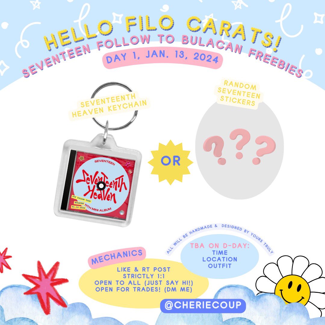 yoshiguji's tweet photo. hello filo carats ! ❤︎₊ ⊹

— ꒰ seventeen follow to bulacan day one freebies ꒱

mechanics:

• rt&amp;like post
• strictly 1:1
• open for all (just say hi!)
• open for trades :) (dm me 💌)
• time, loc, outfit (tba)

see you soon ! 

#SEVENTEEN #FOLLOW_TO_BULACAN https://t.co/DohSlOKcyR