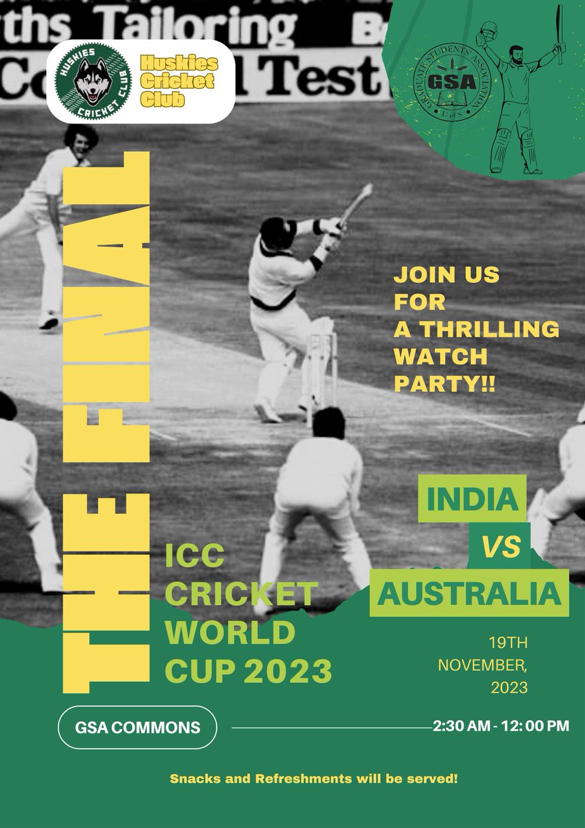 USask GSA (@gsa_usask) on Twitter photo Dear <a href="/usask/">U of Saskatchewan</a> students,
If you love #cricket, you are invited to enjoy the World Cup Cricket Final Match at the GSA Commons.
Dress appropriately in warm clothes for an overnight stay. #CricketWorldCup2023 <a href="/HuskieAthletics/">Huskie Athletics</a> <a href="/USaskKin/">USask College of Kinesiology</a> <a href="/cricketworldcup/">ICC Cricket World Cup</a> #INDvsAUSfinal Dear <a href="/usask/">U of Saskatchewan</a> students,
If you love #cricket, you are invited to enjoy the World Cup Cricket Final Match at the GSA Commons.
Dress appropriately in warm clothes for an overnight stay. #CricketWorldCup2023 <a href="/HuskieAthletics/">Huskie Athletics</a> <a href="/USaskKin/">USask College of Kinesiology</a> <a href="/cricketworldcup/">ICC Cricket World Cup</a> #INDvsAUSfinal
