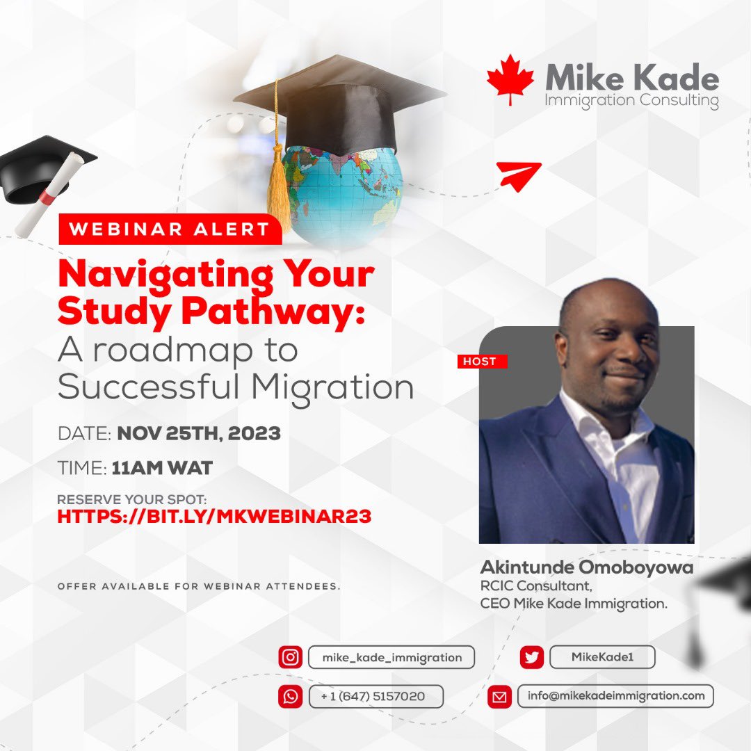 MikeKade1's tweet photo. WEBINAR ALERT‼️ 

Join our exclusive webinar, ‘Navigating Your Study Pathway,’ dated for Saturday, November 25th, 2023, at 11 am West African Time. 

We will discuss roadmaps to migrate to Canada through study pathways successfully

 #webinaralert #studyincanada🇨🇦🇨🇦🇨🇦 https://t.co/2sxXeSZPvo