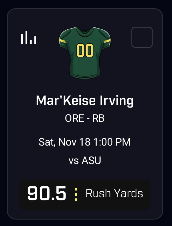 ADBestPicks's tweet image. FREE CFB PICK

Mar'Keise Irving - 90.5 RUSH YRDS - OVER

15 likes for another play! 

Join Premium for all picks, optimizers and stat sheets:
mee6.xyz/en/m/107590593…

#CFBTwitter #PrizePicks #GamblingTwitter #PrizePicksCFB  #PlayerProp #CFB #NCAAFootball