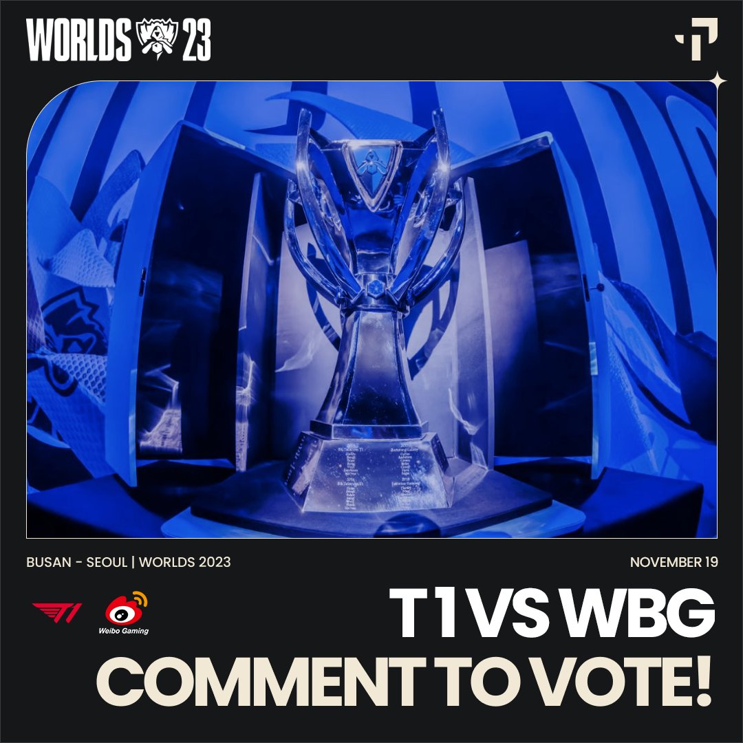 TacterOfficial's tweet photo. WORLDS 2023 GRAND FINALS VOTING EVENT - T1 ⚔️ WEIBO GAMING!

This it it! Comment to vote on your fav team and stand a chance to win €20 RP! Like and RT to be eligible! 

Winners will be randomly selected at the end of the match 🥳 Voting ends when match begins 🏁