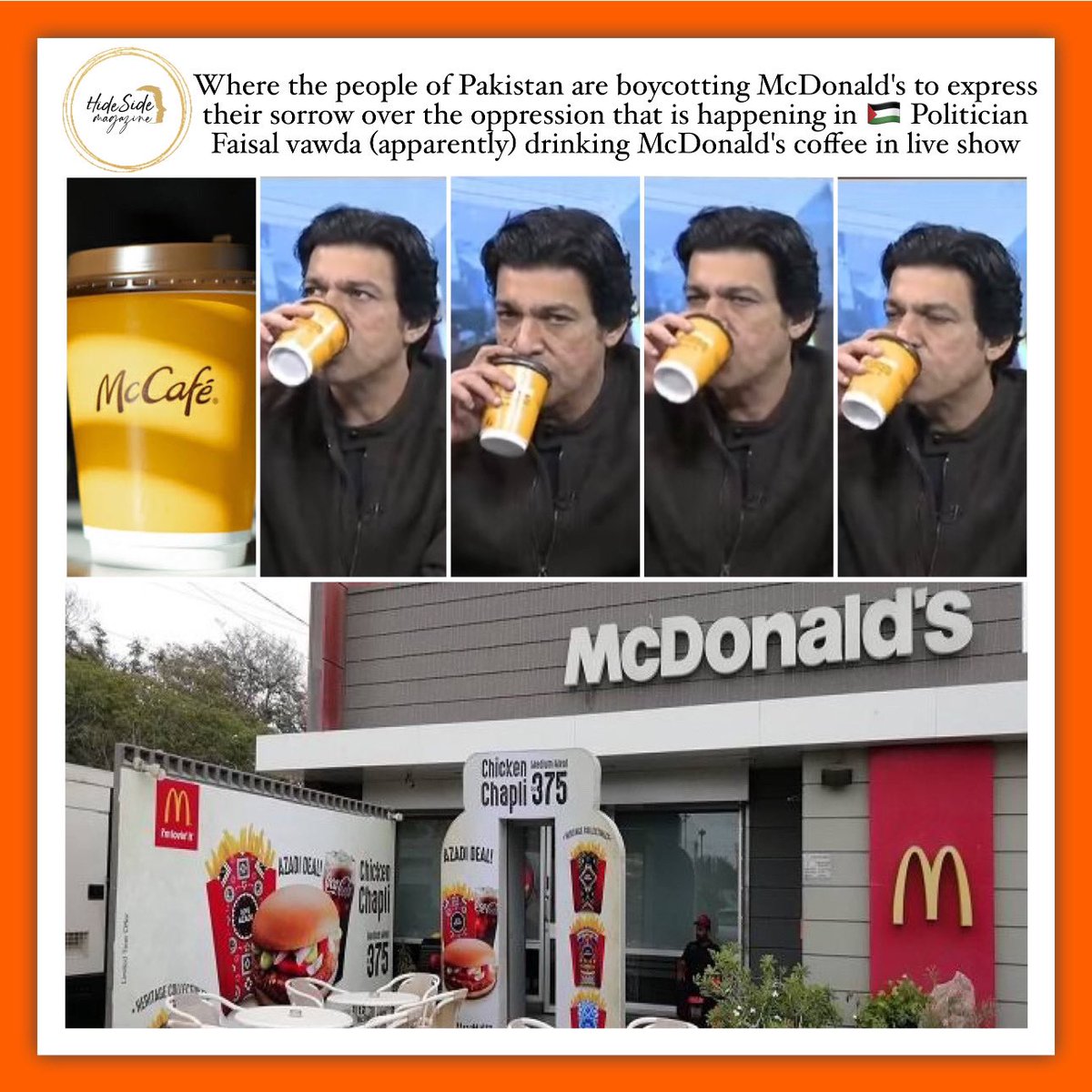 On 16th November in #kamranshahid ’s show #onthefront politician #faisalvawda was apparently seen drinking McDonald’s coffee which is sad as Pakistani people trying to express their sorrow by boycotting #macdonalds But if the political representatives of the people do this,then?