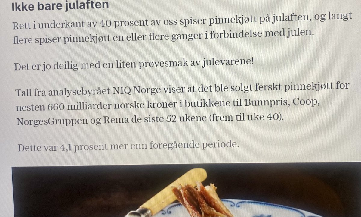 Ikke rart matbaronene blir rike! Vg skriver at det selges pinnekjøtt for 661 milliarder i Norge i året!!!!