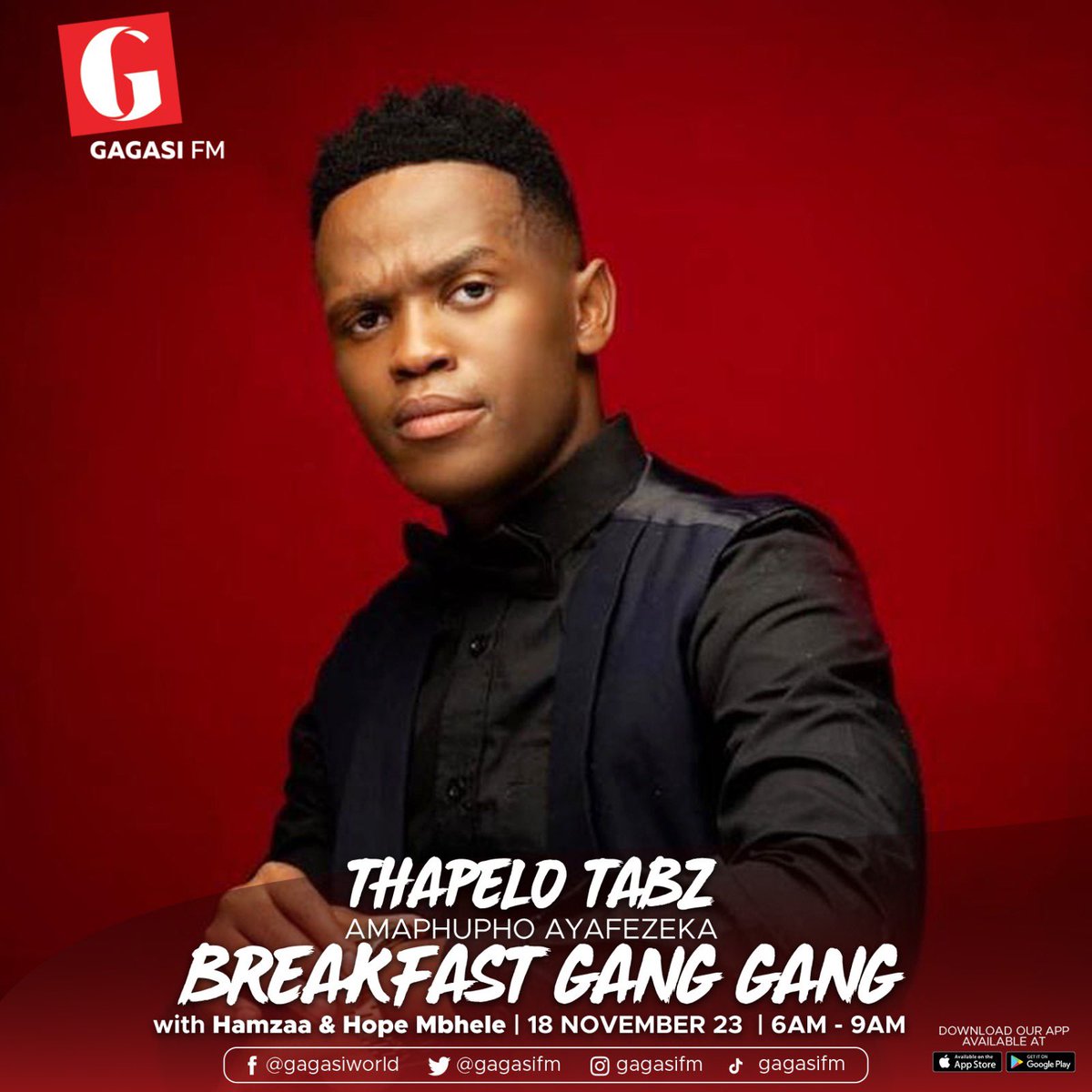 gagasifm's tweet photo. Namhlanje on the Breakfast Gang Gang, we'll be chatting to Thapelo TABZ MOTLOUNG, a TV Presenter, Film Producer, Actor, and Motivational Speaker. Make sure you're tuned in to the show ukuze ungaphuthelwa.

#BreakfastGangGang 
#GagasiFM https://t.co/i3yn9nP9CC