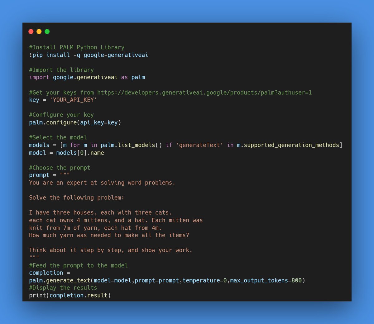 bhatnagardaksh1's tweet image. Google has recently joined the race of LLMs as they came up with #PaLM. The LLM is available through their API and here is how you can do it. Btw, you can grab your API Keys from here lnkd.in/dK7KVD2q
#pythonprogramming #palmapi #LLM #genai #Google