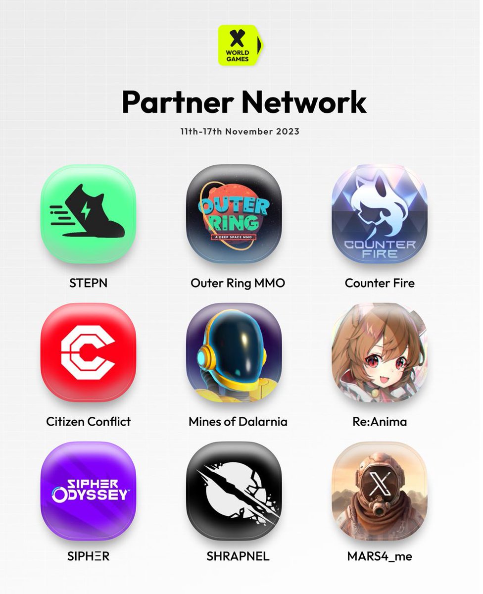 🎮🔥 Exciting news from the X World Games Partner Network! 🌐✨

🗓️ Our latest lineup of listed partners for November 11-17, 2023! 🚀🤝

Please continue to follow #XWG to get a better experience of gamefi! 🚨🎁

#XWG #Gamefi #Web3  🎮🌟