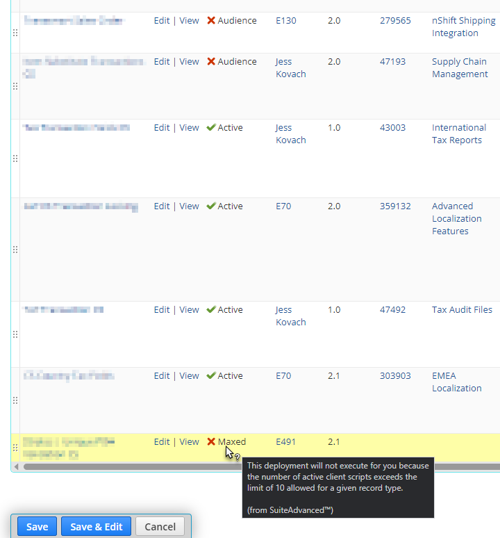 SuiteAdvanced's tweet photo. Did you know 10 is the limit for how many client scripts can run on a record in #NetSuite?
With #SuiteAdvanced, view the Scripted Record page to see the execution status of scripts. If active client scripts have reached the limit, any remaining ones will have a status of "Maxed". https://t.co/Nvr0thcwIM
