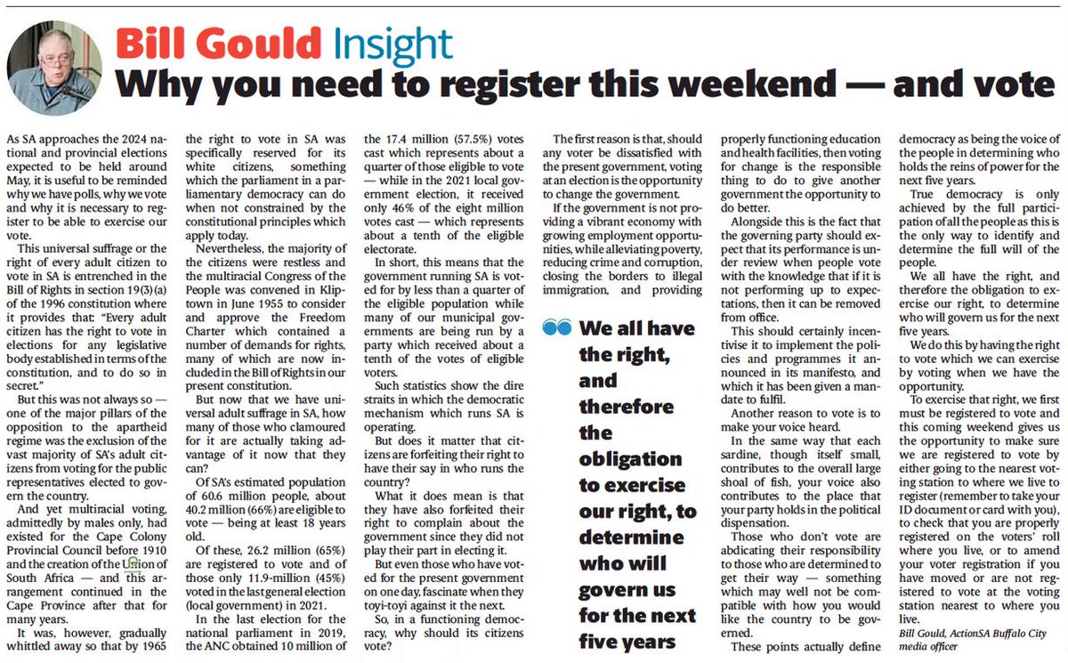 Action4SA's tweet image. "True democracy is only achieved by the full participation of all the people as this is the only way to identify and determine the full will of the people" - Bill Gould

#RegisterToFixSA #EachOneBringOne