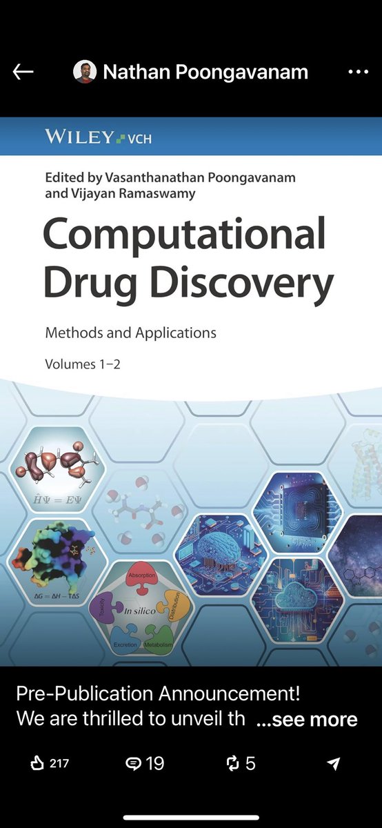vasanthanathan's tweet image. Pre-Publication Announcement!
We are thrilled to unveil the pre-publication announcement for our edited book on #Computational #DrugDiscovery: #Methods and #Applications, in collaboration with Wiley-VCH. 1/3