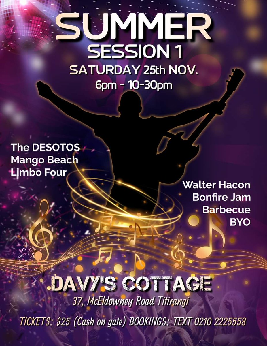 stuartmcmusic's tweet photo. Come and join The DeSotos  perform next Saturday, Nov 25th at Davy's Cottage ,Titirangi.
Gates open at 5pm, 1st artist on at 6pm. https://t.co/AguJiKyV3g