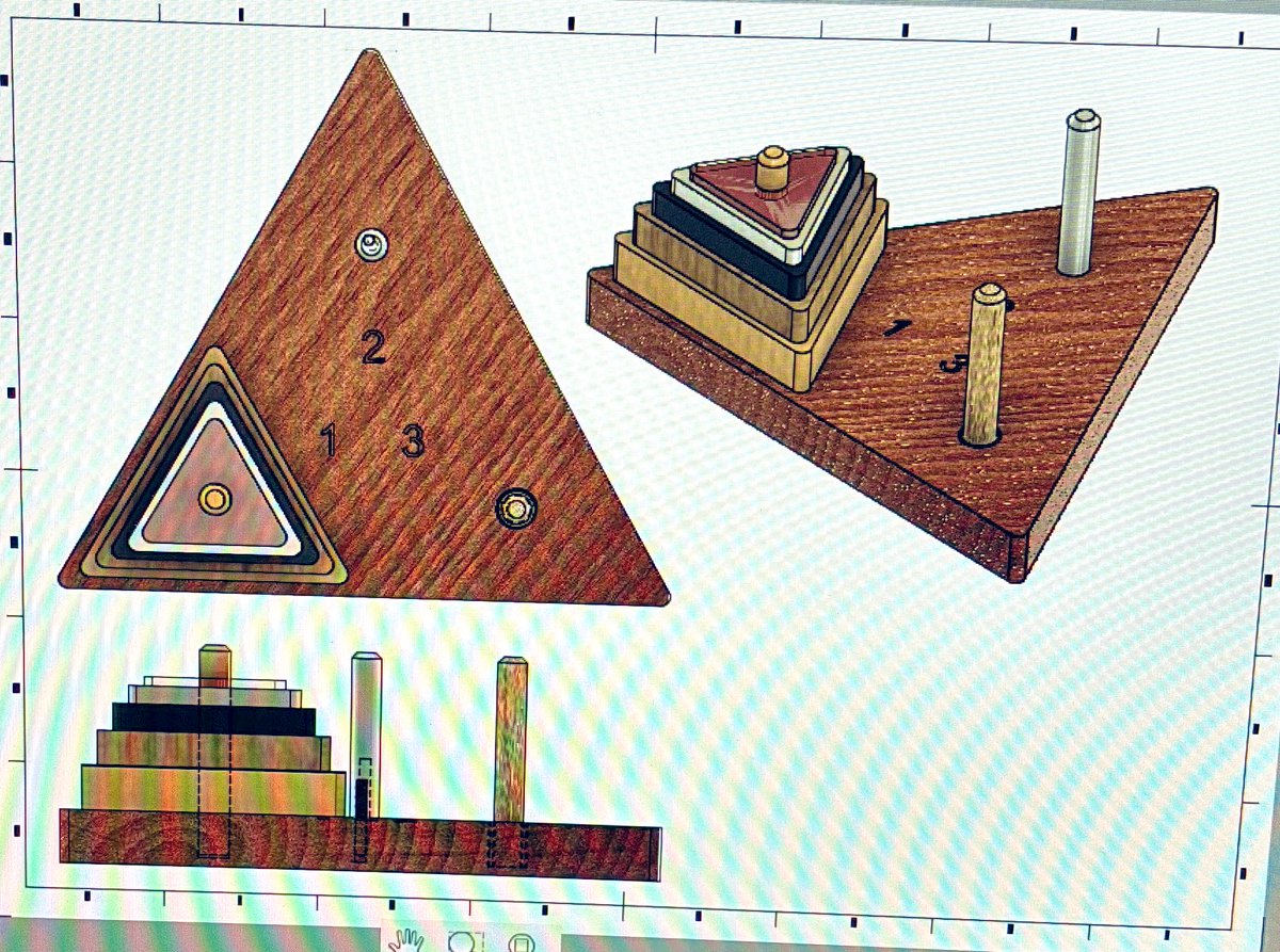 Towers of Hanoi has landed! We are even using Charterhouse oak. Q- what is the min number of moves? (Hint: 2^N - 1) Shout out to MTS_DET for the idea. #3dprinting #lasercutting #pewtercasting #lathework #cadcam #fusion360 #tapping #tessellation #towerofhanoi #recursivepattern