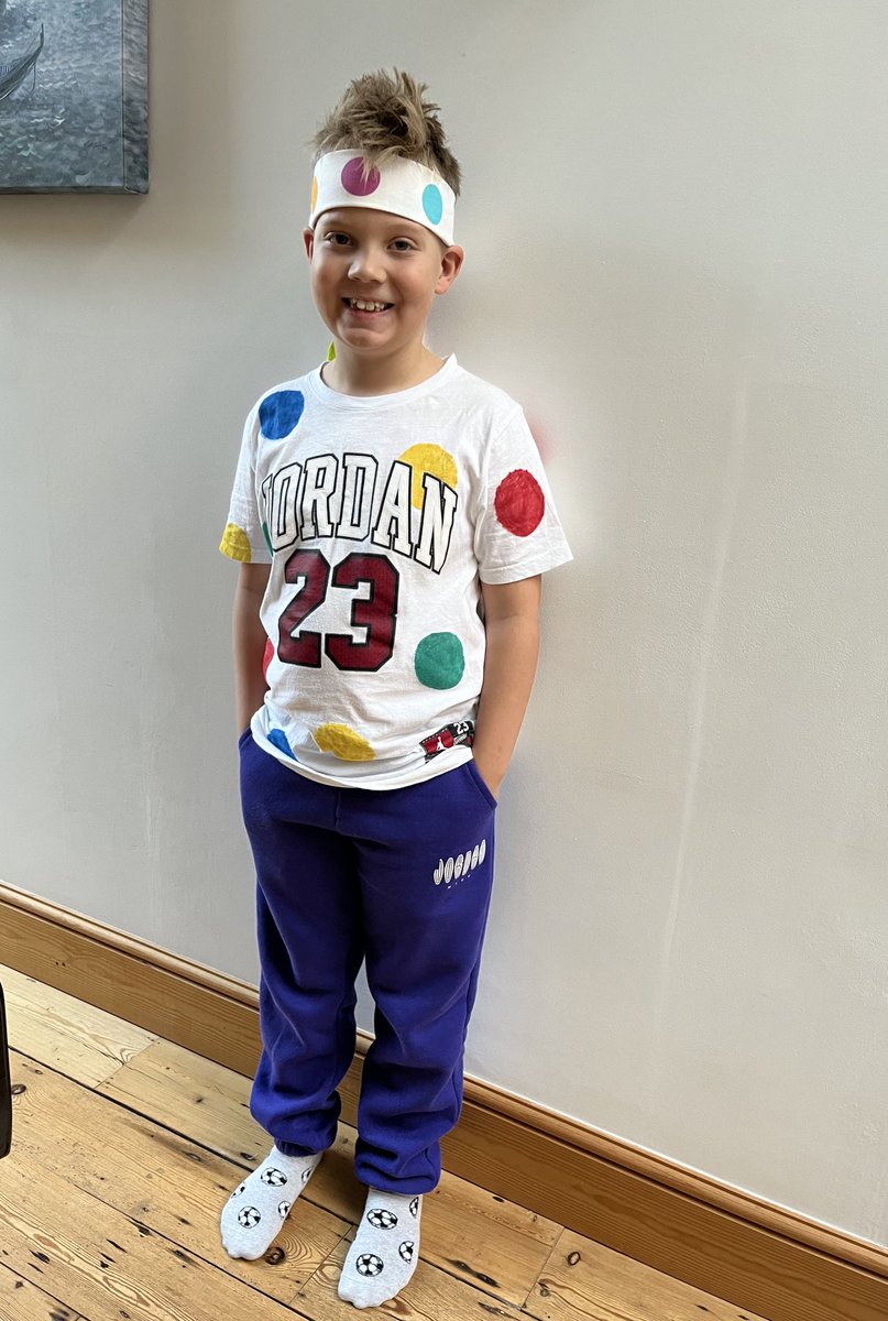 Hey <a href="/Jumpman23/">Jordan</a> my 9 year old son (big fan!) modified his Jordan t-shirt for charity Children in Need day at school. Hope you like it! #JUMPMAN #ChildrenInNeed <a href="/BBCCiN/">BBC Children in Need</a> #Spots