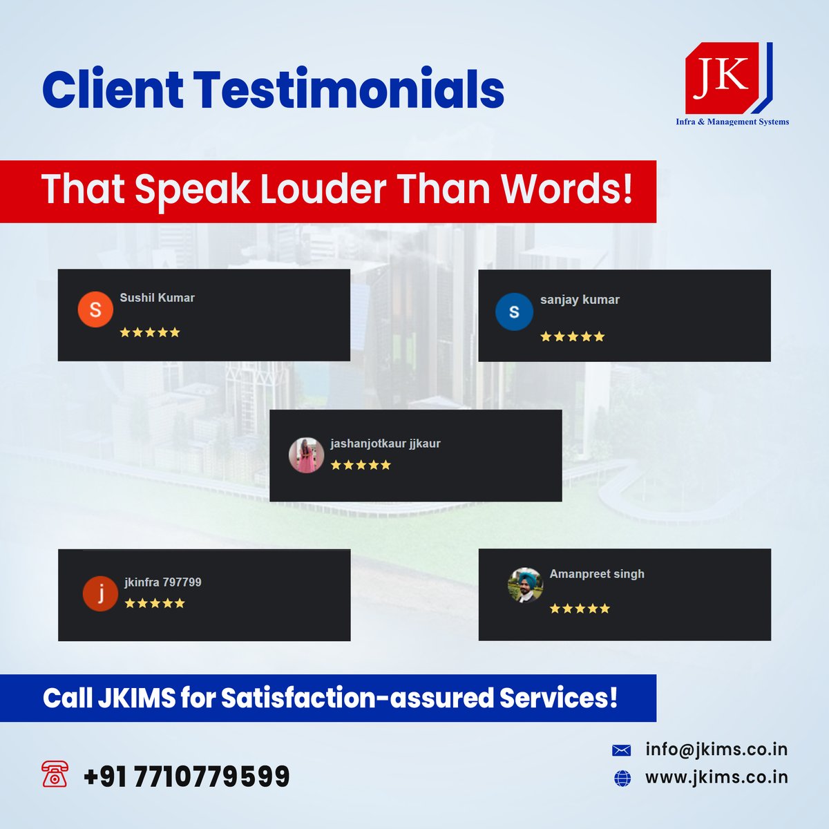 Thrilled #Clients, #HappyHomes! 
#JKIMS' excellence shown in the Words of Those We Serve! Discover the Excellence, Read Our #ClientsStories. Call now for the #bestpropertymanagementservices in the tricity! 
Call now: +91 7710779599
#JKInfraAndManagementSystem #bestproperty