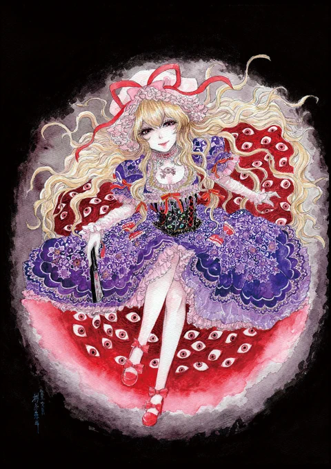 「紅紫薔薇(こうしそうび)」 八雲紫衣装デザイン及びモデル(快諾いただき描かせていただきました。実際の超素敵な衣装の写真を参考にしながら描いたのですが、このドレス部分の塗りだけで7時間ぐらいかかりました。すごい布。(過去絵再掲:2015年) #透明水彩 