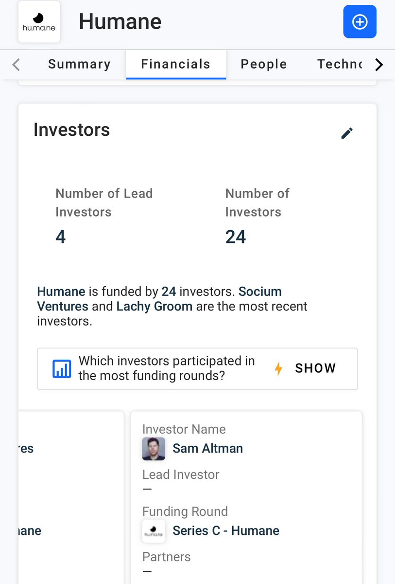 Sam Altman is a lead investor in “Ai Pin” company <a href="/Humane/">Humane</a> series C funding round.