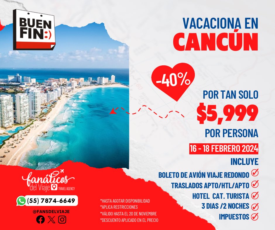 FansDelViaje's tweet photo. #BuenFin2023
No lo dudes, compra ahora el viaje con tu persona especial ❤️✈️
Oferta buen fin para viajar en febrero 2024 📍Cancun 3 días ☀️
Incluye: Vuelos + Traslados + Hotel
✨impuestos incluidos
Manda DM o Whats 📲
#losexpertosenturismo
#fansdelviaje #ofertasdeviajes https://t.co/3QzbVMlJMw