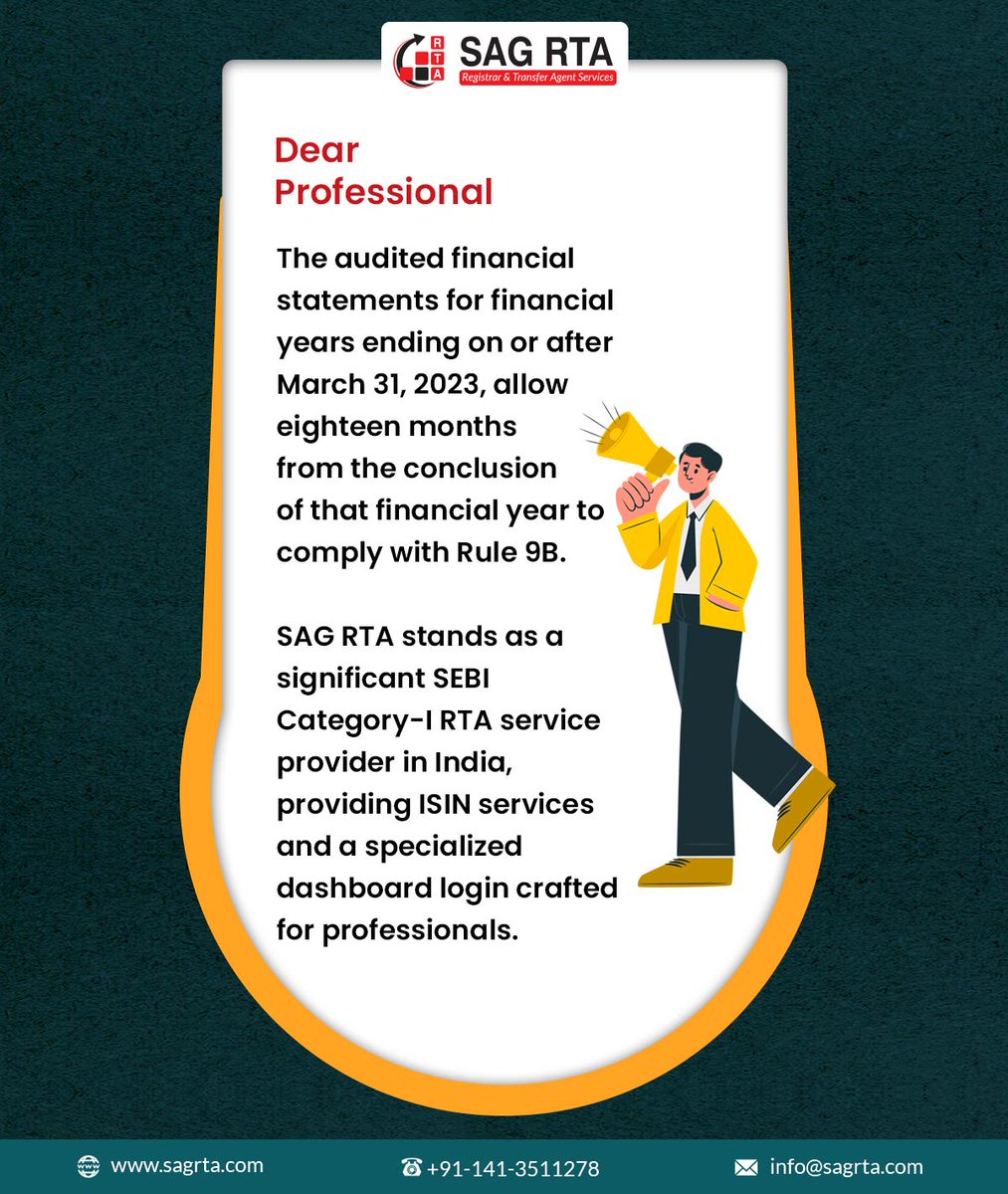 sag_rta's tweet image. The audited financial statements for #financialyears ending on or after March 31, 2023, allow eighteen months from the conclusion of that financial year to comply with #rule9b
Read more: bit.ly/3FFaoaB
#company #RTA #sagrta #RTAservice