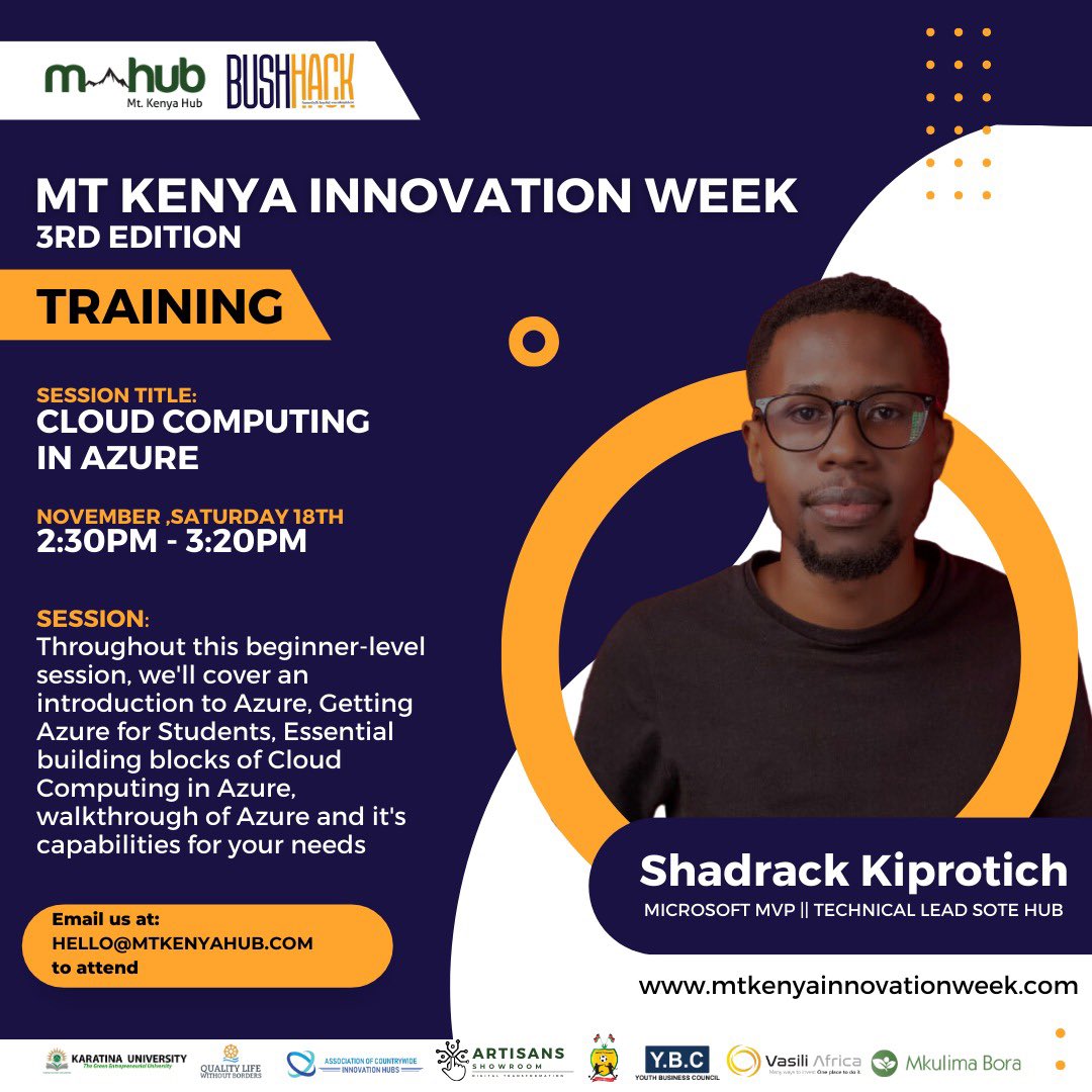 Register in advance for the Cloud Computing in Azure training session hosted by Mt Kenya Innovation Week here:

Time: Saturday 18th Nov, 2:30PM EAT

us06web.zoom.us/meeting/regist… 

See you there! 👨🏾‍💻👩🏽‍💻

#MtKenyaHub 
#InnovationRedefined 
#Sustainability