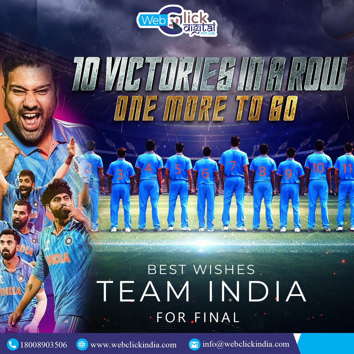 webclickindia20's tweet photo. 💥As Team India steps onto the field for the #WorldCupFinal🏏, may every shot be a salute to our flag, every run a tribute to our unity, and every wicket a symbol of our strength. Bring the cup home with honor champions. ! 🇮🇳
#TeamIndia #CricketWorldCup #WebClickIndia #India https://t.co/GYEVx9WFXu