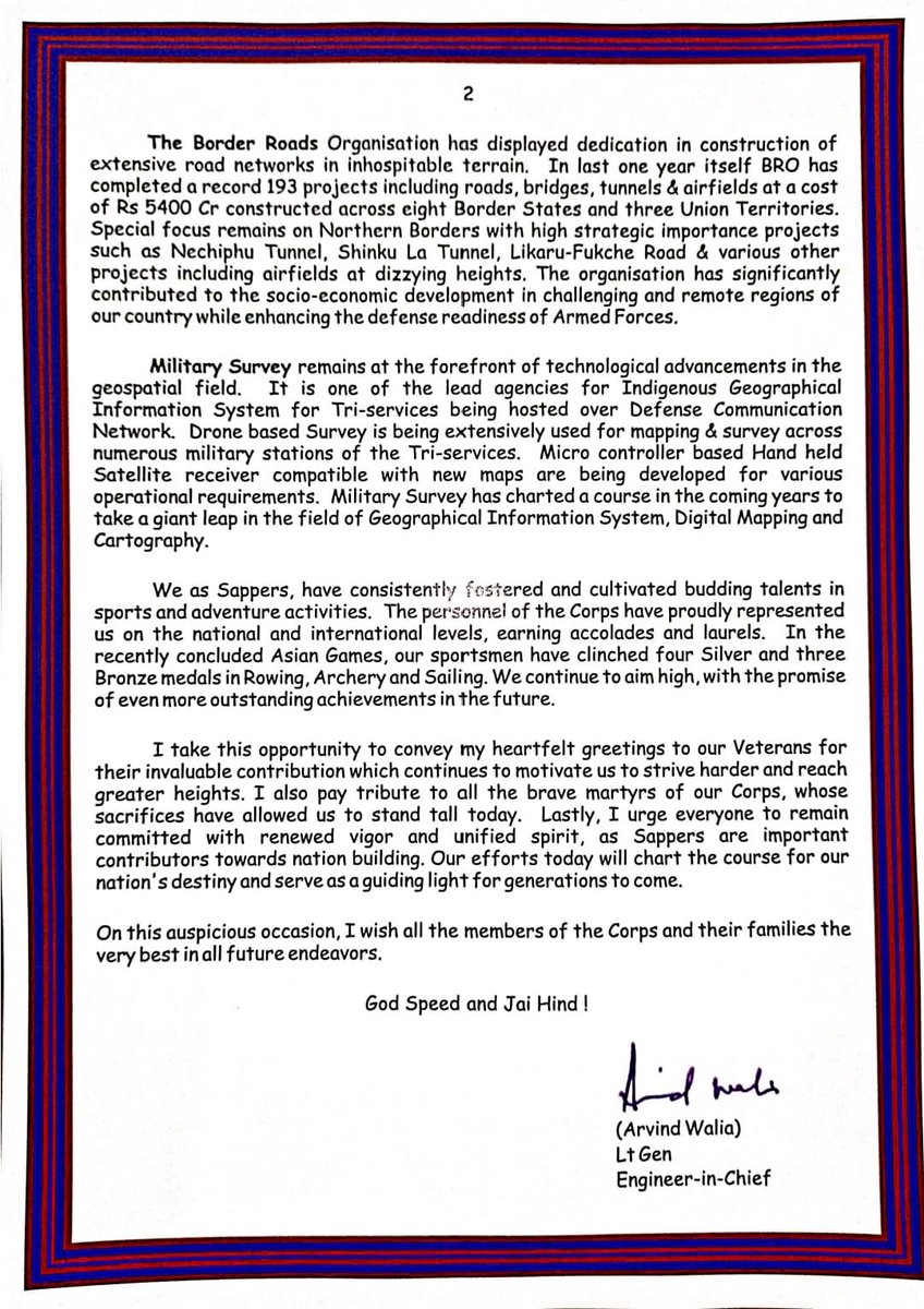bkum2000's tweet photo. #CorpsOfEngineersDay2023 message from Lt Gen Arvind Walia,the Engineer-in-Chief.
First in last out in Wars the #Sappers #Engrs
The military infra agency.
Bravo Zulu ✌️✌️ https://t.co/g8gKiXJIpy