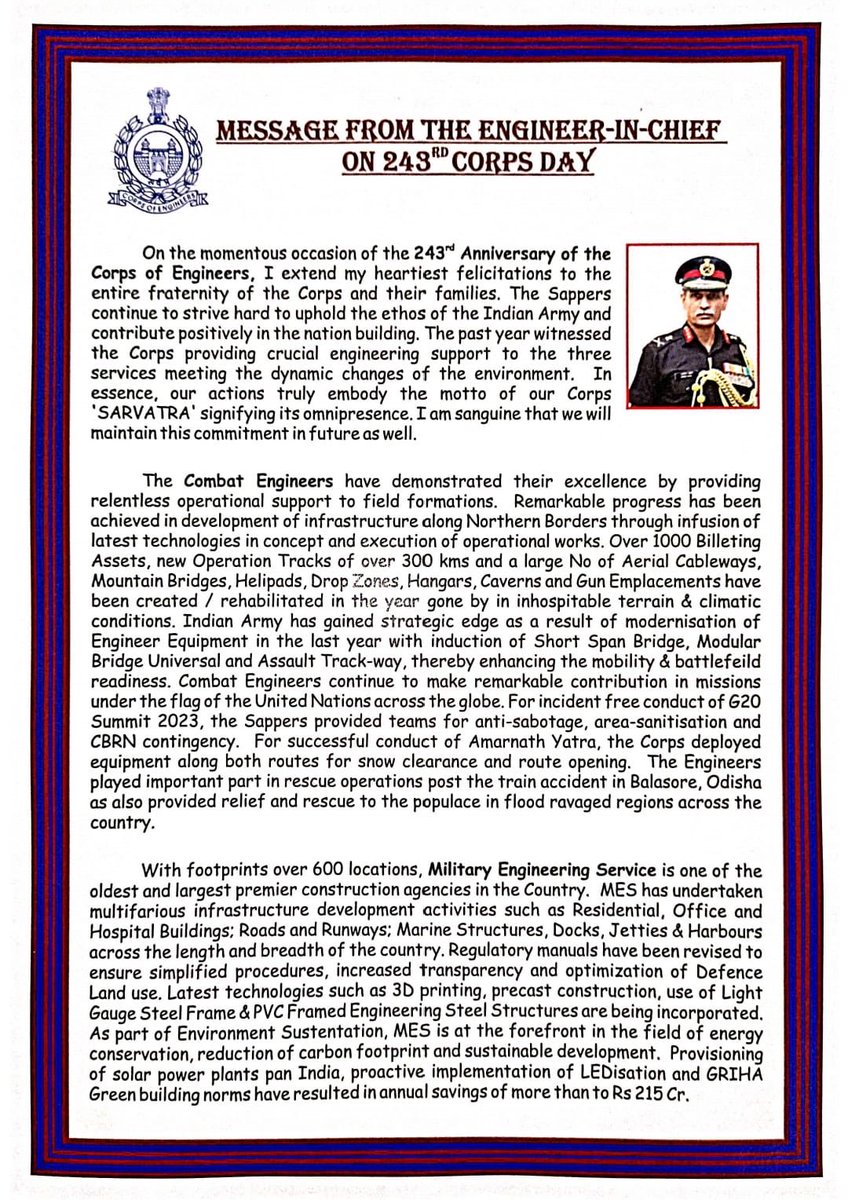 bkum2000's tweet photo. #CorpsOfEngineersDay2023 message from Lt Gen Arvind Walia,the Engineer-in-Chief.
First in last out in Wars the #Sappers #Engrs
The military infra agency.
Bravo Zulu ✌️✌️ https://t.co/g8gKiXJIpy