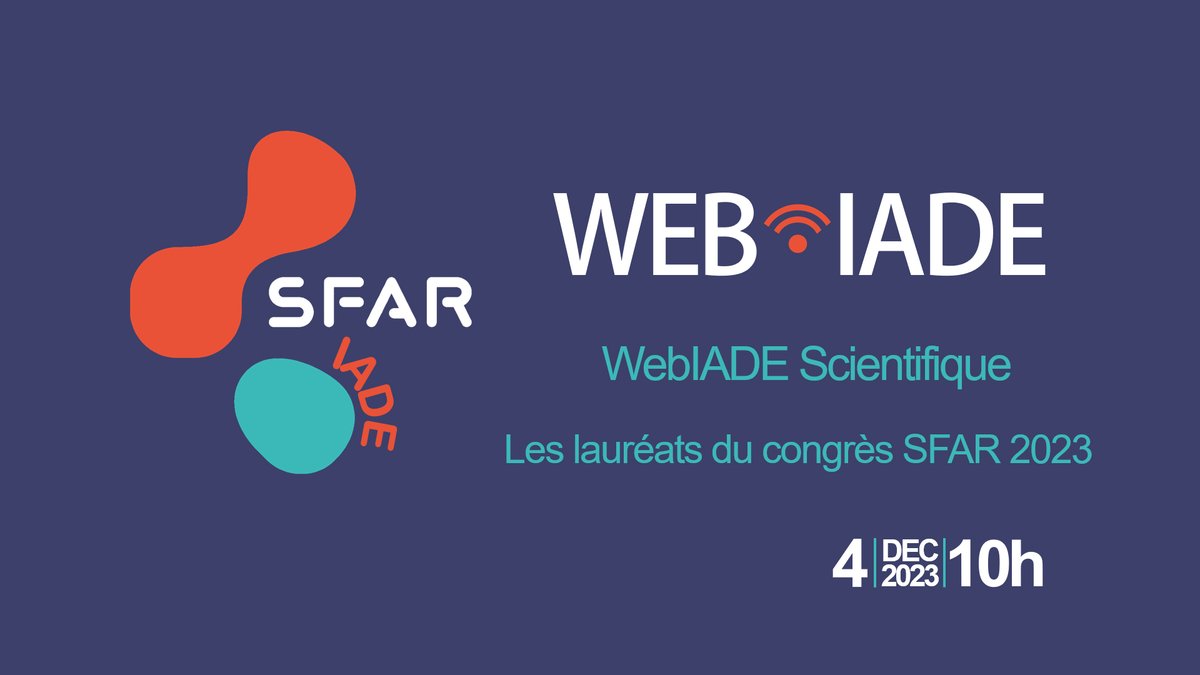 SFAR Anesthésie Réanimation (@sfar_org) on Twitter photo 📆 Le 04/12 à 10h, le comité IADE vous invite à son prochain WebIADE Scientifique : Les lauréats primés au congrès SFAR 2023.
Ils vous attendent nombreux !
@IADE_de_France <a href="/CEEIADE/">CEEIADE</a> <a href="/NL1419/">Collectif IADE Normand</a> <a href="/SOFIA_iade/">SOFIA</a> <a href="/IadeComte/">Collectif IADE Franche Comte</a> <a href="/IadeAquitaine/">IADE Nouvelle Aquitaine</a> <a href="/IADEHauteSavoie/">collectif IADE Haute-Savoie</a> <a href="/IadePaca/">collectif IADE PACA</a> <a href="/ETUDIANTS_IADE/">ANEIA</a> 📆 Le 04/12 à 10h, le comité IADE vous invite à son prochain WebIADE Scientifique : Les lauréats primés au congrès SFAR 2023.
Ils vous attendent nombreux !
@IADE_de_France <a href="/CEEIADE/">CEEIADE</a> <a href="/NL1419/">Collectif IADE Normand</a> <a href="/SOFIA_iade/">SOFIA</a> <a href="/IadeComte/">Collectif IADE Franche Comte</a> <a href="/IadeAquitaine/">IADE Nouvelle Aquitaine</a> <a href="/IADEHauteSavoie/">collectif IADE Haute-Savoie</a> <a href="/IadePaca/">collectif IADE PACA</a> <a href="/ETUDIANTS_IADE/">ANEIA</a>