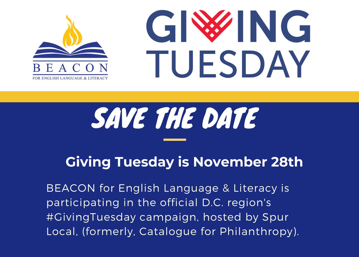 Save the Date! Giving Tuesday is November 28th and BEACON is participating in the official D.C. region's #GivingTuesday campaign, hosted by Spur Local, (formerly, Catalogue for Philanthropy).