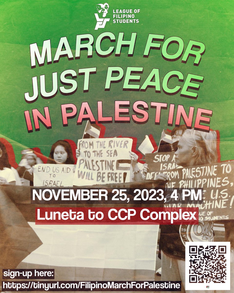 NOT A SINGLE DEATH ANYMORE! MARCH FOR JUSTICE! MARCH FOR PALESTINE!

November 25, Luneta Park to CCP Complex, 4PM.

Individuals can sign-up here for more information: tinyurl.com/PHStandWithPal…
Freedom-loving and interested organizations can send us a DM for more info.