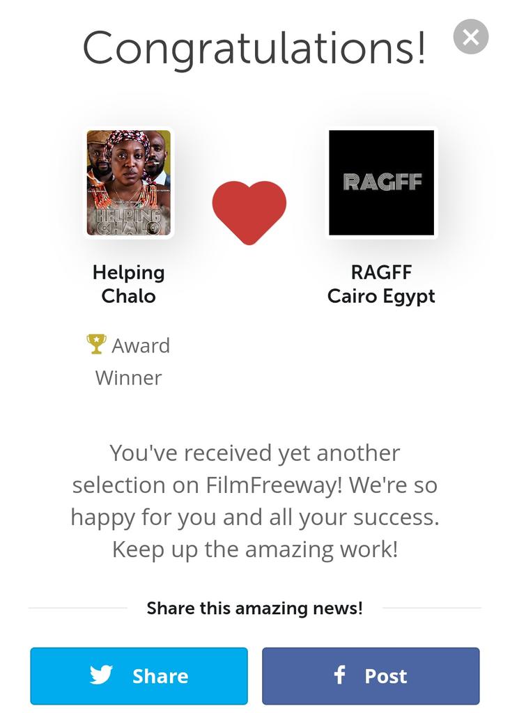 Helping Chalo awarded In Egypt at the RAGFF Cairo Egypt Festival.
The Film is currently available on Tubi - USA, Afroland TV - USA - UK in Canada, Cineverse, Free Movies Plus, Local Now, Mansa TV, My Bunddle TV, Orka Ads, The Glio, Xumo TV, VIDA TV, ROKU TV - America/Europe.