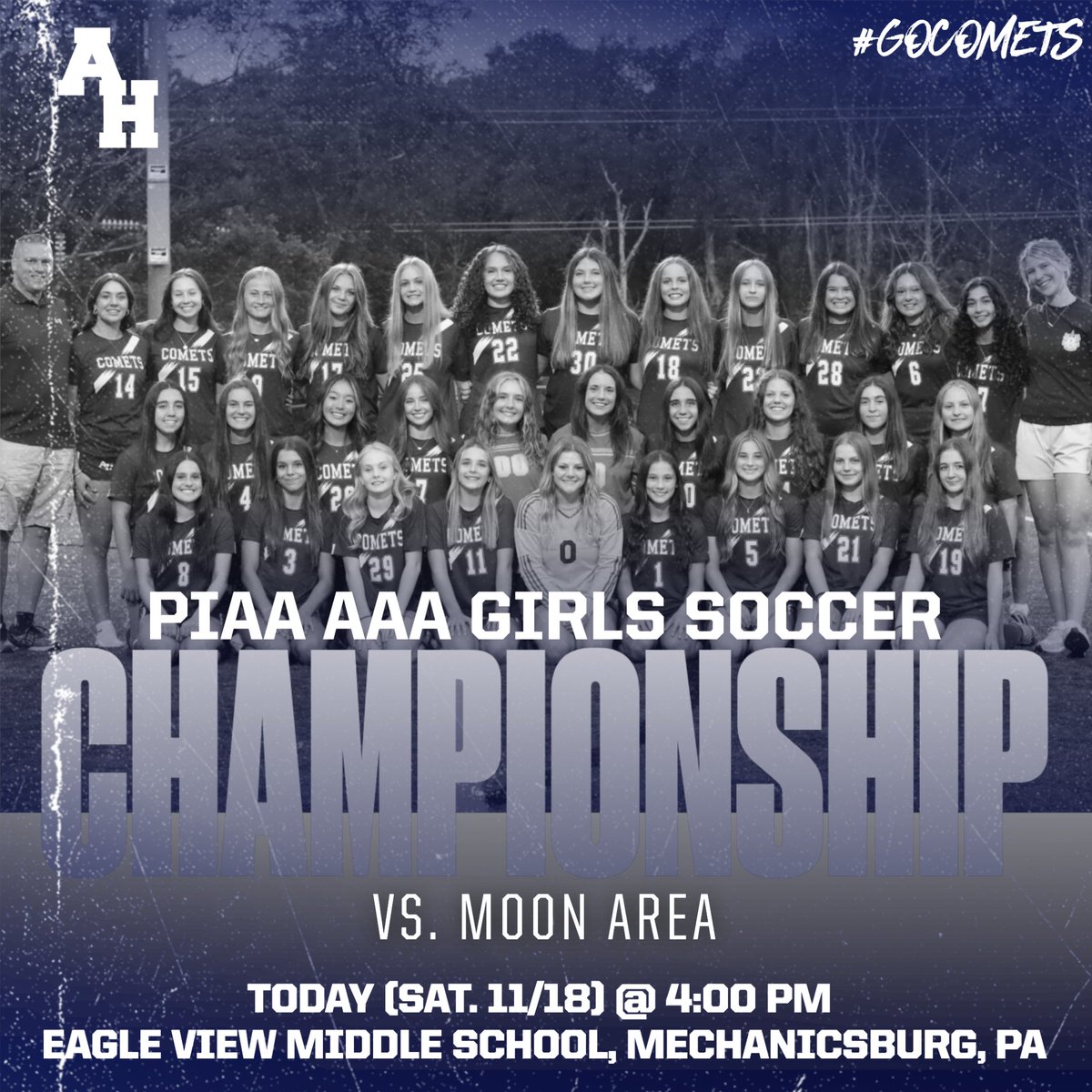 IT'S STATE CHAMPIONSHIP GAMEDAY! Today we look to make history as we take the trip down to Mechanicsburg and face District 7 runner-up Moon Area (18-2-2) in the Class 3A final! Come out and wear navy &amp; white! - 4:00pm start! Tickets: piaa.org/sports/tickets…? ☄️⚽️