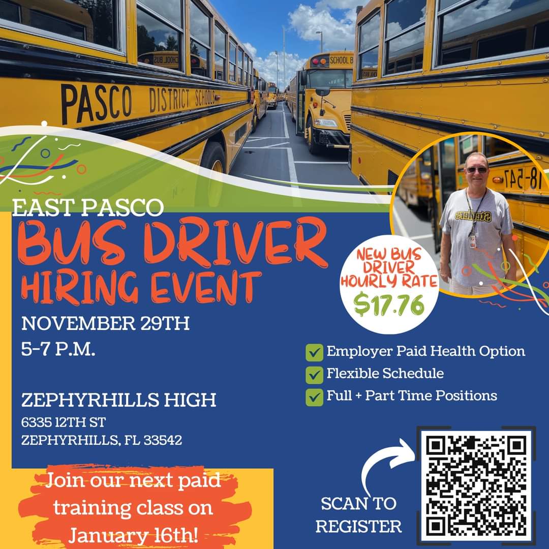 Colleen Beaudoin (@countoncolleen) on Twitter photo We need bus drivers to help us safely get students to school on time! On Nov. 29 from 5-7 pm at Zephyrhills High School, come meet with the Transportation team to learn about becoming a Bus Driver with <a href="/pascoschools/">Pasco County Schools</a> .
Register using this link: ryu.pasco.k12.fl.us/hreq-mform/vie… We need bus drivers to help us safely get students to school on time! On Nov. 29 from 5-7 pm at Zephyrhills High School, come meet with the Transportation team to learn about becoming a Bus Driver with <a href="/pascoschools/">Pasco County Schools</a> .
Register using this link: ryu.pasco.k12.fl.us/hreq-mform/vie…
