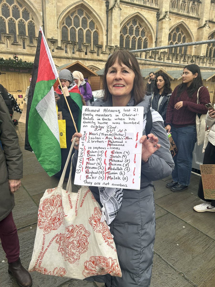 This is Karen. I found her today in a protest in Bath holding a placard with the names and ages of my 21 family members killed by Israel last month. 

The amount of love, sympathy and care I receive from the British people here is magnificent. 

God bless you.