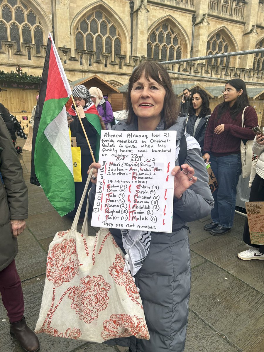 This is Karen. I found her today in a protest in Bath holding a placard with the names and ages of my 21 family members killed by Israel last month. The amount of love, sympathy and care I receive from the British people here is magnificent. God bless you.