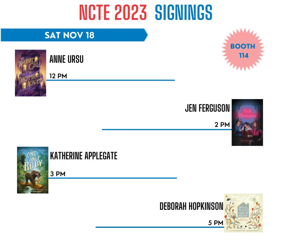 Happy Saturday, #NCTE23! Get ready for a day full of awesome signings. Catch us, @anneursu, Jen Ferguson, @kaaauthor, and @Deborahopkinson in booth 114! 📚✨ #NCTE2023 harperstacks.com/blogs/blog/nct…