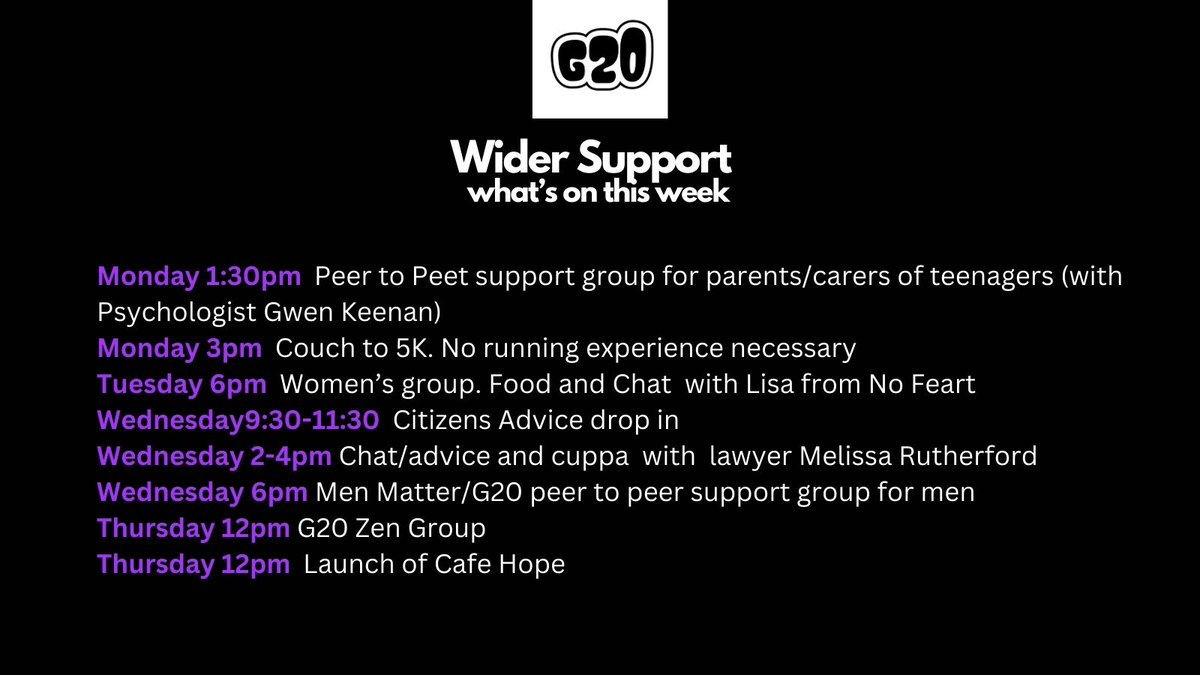 We also have <a href="/MenScotland/">Men Matter Scotland</a> men's group every Wednesday. This provides invaluable peer to peer support for men