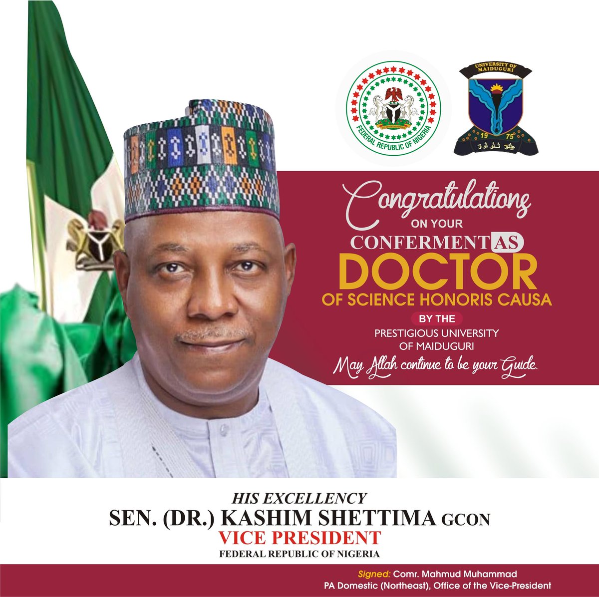 comrademahmud's tweet photo. Hearty congratulations my Boss and Mentor, The Vice President of the Federal Republic of Nigeria, Sen. (Dr.) Kashim Shettima, @KashimSM, GCON on your well merited conferment as Doctor of Science by the Prestigious University of Maiduguri. https://t.co/jr8nWsdlbU