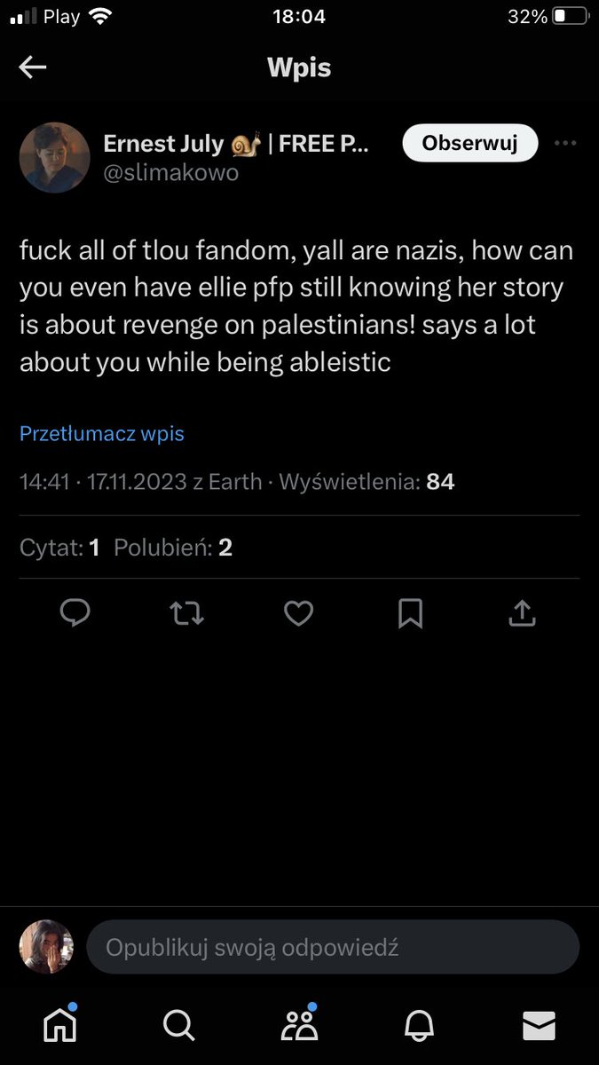 Uważajcie kogo obserwujecie, typ nie szanuje nikogo,broni ludzi którzy wymyślają sobie choroby, wyciera sobie morde ludobójstwem jak zwróci sie mu uwagę wyciera dupe niby żydowskim pochodzeniem. <a href="/slimakowo/">ernest july 🐌 toxic yuri 🔉</a> tu macie user toksykaBrzydze sie takimi ludzmi jestem z rodziny zydowskiej