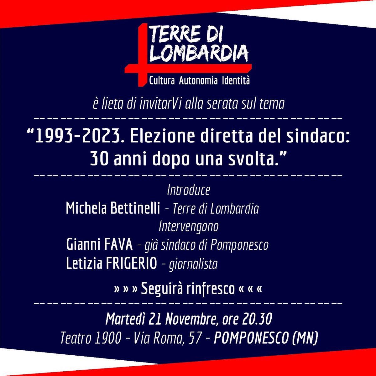 #SaveTheDate!

“1993-2023. Elezione diretta del sindaco: 30 anni dopo una svolta.”

Introduce
Michela Bettinelli - Terre di Lombardia

Intervengono
Gianni FAVA - già sindaco di Pomponesco
Letizia FRIGERIO - giornalista

#TerrediLombardia #Lombardia #GianniFava