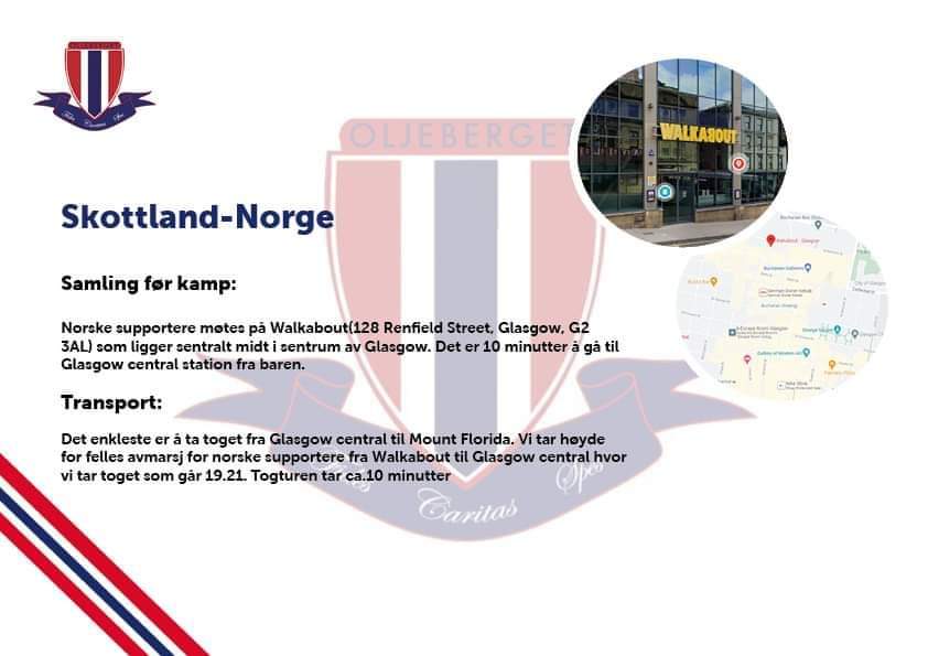 Skottland - Norge i morgen! Det er forventet mange norske supportere på tur.

Oljeberget arrangerer samling før kampen på The Walkabout. Se informasjon under om samlingen.

Sjekk arrangementet på facebook facebook.com/events/s/pre-m…