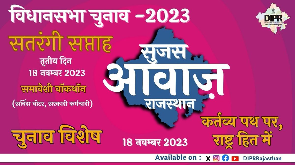 DIPRRajasthan's tweet photo. सुजस आवाज राजस्थान 
चुनाव विशेष ऑडियो बुलेटिन
18 नवम्बर, 2023

- आज खास...

- विधानसभा चुनाव : 76,740 मतदान कार्मिक अब तक कर चुके मतदान...

- कल पूरा होगा होम वोटिंग का पहला चरण, अब तक 54,215 पात्र वोटर्स ने डाले वोट...

- सतरंगी सप्ताह : राज कार्मिकों और सर्विस वोटर्स को समर्पित तीसरा दिन, प्रदेशभर में हुए कई आयोजन...

#Mission75
#RajasthanAGE2023
#YouthChalaBooth
#ECISVEEP
#ECI 

@CeoRajasthan 
@SpokespersonECI
@ECISVEEP 

https://t.co/orBeLIR7vF
