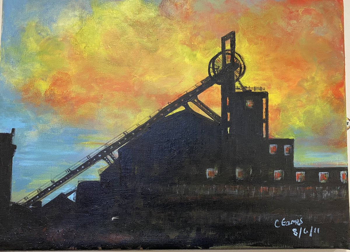Cadeby (Main) Colliery by C. Eames, painted  2011. Ivanhoe painters, Conisbrough, South Yorkshire. The pit closed in 1986. 
@NCMME @lynnfinlay1 @Miners_Strike @keepshovelling 
@DDHA_Doncaster 
@coalmininginle1 @coal_legacies 
@GrimArtGroup