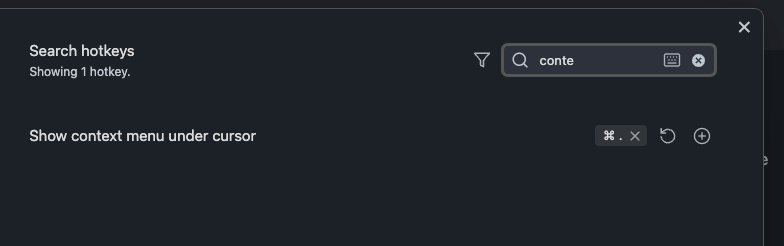 I just discovered that <a href="/obsdmd/">Obsidian</a> lets you set "Show context menu under cursor" shortcut to display the context menu without touching the mouse.
I'm using it for fixing the spelling mistakes and this has changed my life - I wrote a full article without touching the mouse!